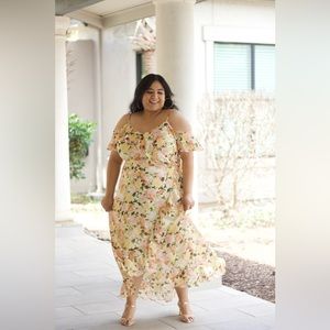 Yellow & Pink Floral Print Cold Shoulder Dress